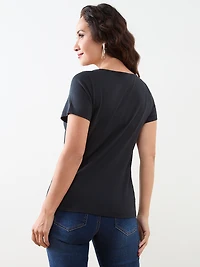 Petite Short Sleeve Holiday Tee with Gold Foil Tree