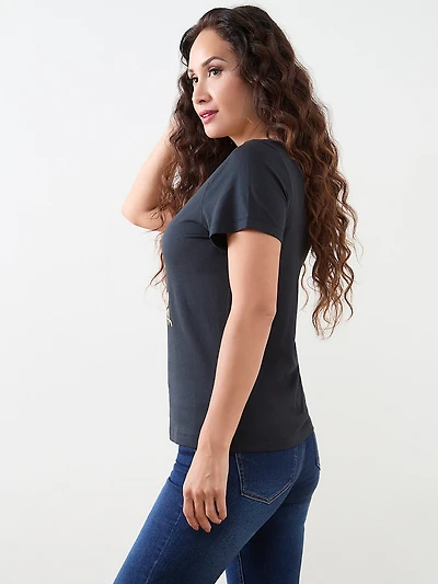 Petite Short Sleeve Holiday Tee with Gold Foil Tree