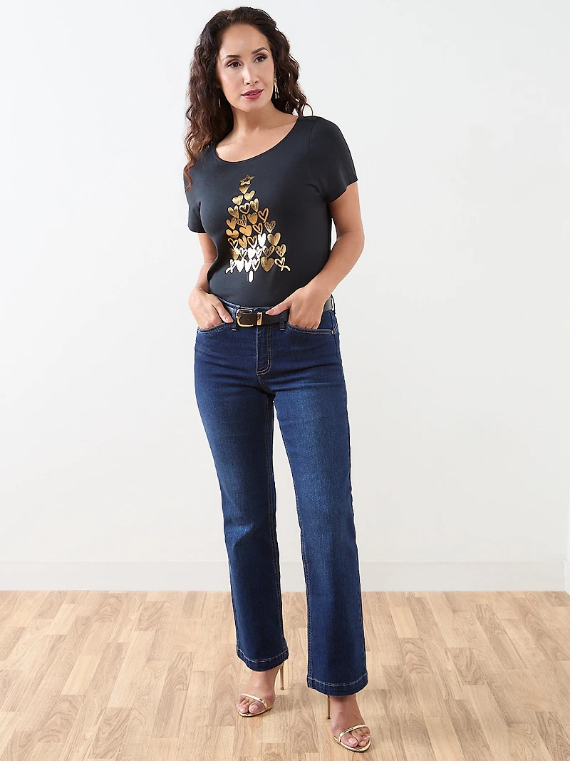 Petite Short Sleeve Holiday Tee with Gold Foil Tree