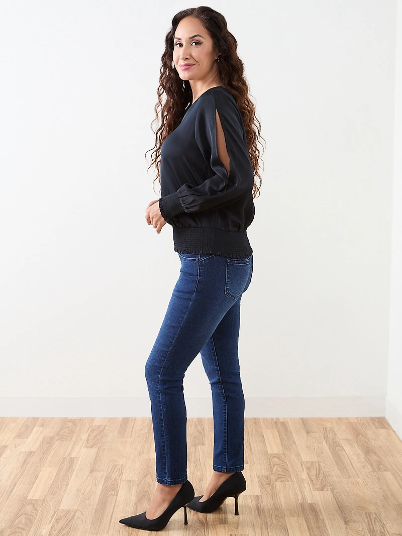 Petite Slit Long Sleeve Satin V-Neck Blouse