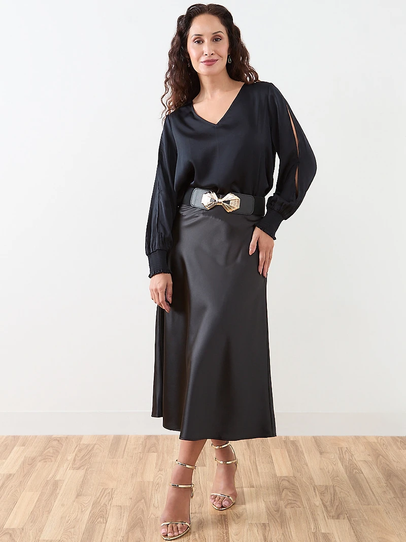 Petite Slit Long Sleeve Satin V-Neck Blouse