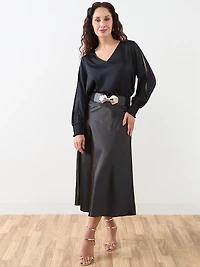 Petite Slit Long Sleeve Satin V-Neck Blouse