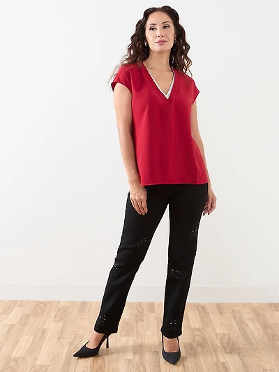 Petite V-Neck Rhinestone Trim Blouse