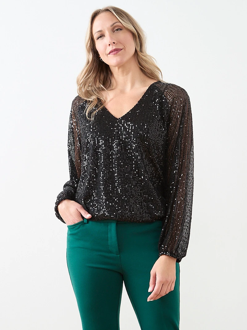 Sequin V-Neck Bubble Hem Blouse