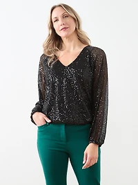 Sequin V-Neck Bubble Hem Blouse