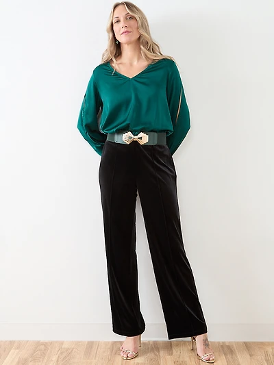Slit Long Sleeve Satin V-Neck Blouse