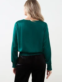Slit Long Sleeve Satin V-Neck Blouse