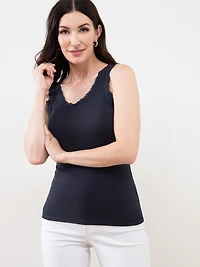 Stretch-Cotton Tank with Lace Trim in Navy