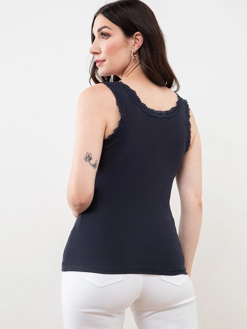 Stretch-Cotton Tank with Lace Trim in Navy