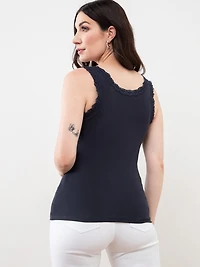 Stretch-Cotton Tank with Lace Trim in Navy
