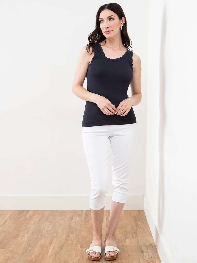 Stretch-Cotton Tank with Lace Trim in Navy