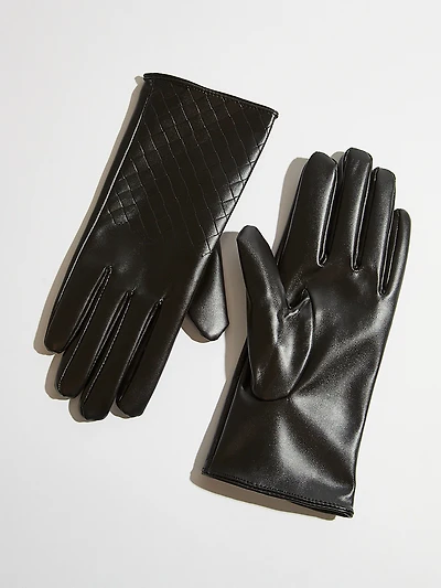 Black Vegan Leather Woven Detail Gloves