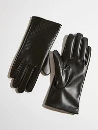 Black Vegan Leather Woven Detail Gloves