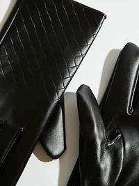 Black Vegan Leather Woven Detail Gloves