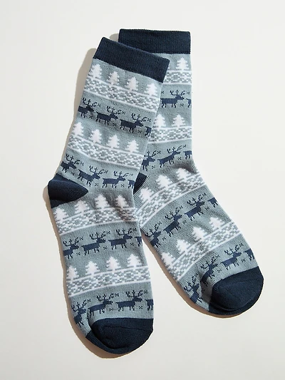 Blue Deer/Tree Crew Socks