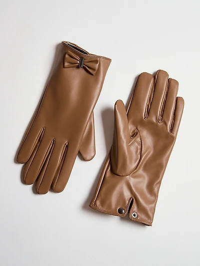 Camel Vegan Leather Bow Detail Gloves