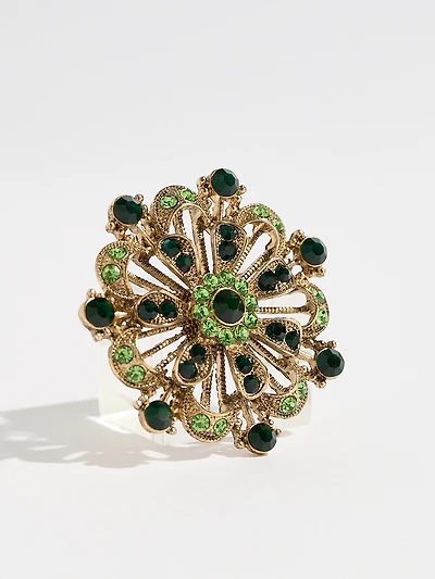 Gold and Green Gem Round Brooch