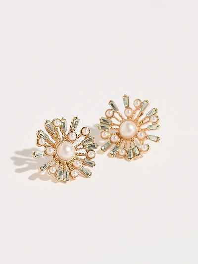 Gold, Pearl, and Crystal Burst Earrings
