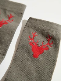 Grey Red Deer Crew Socks