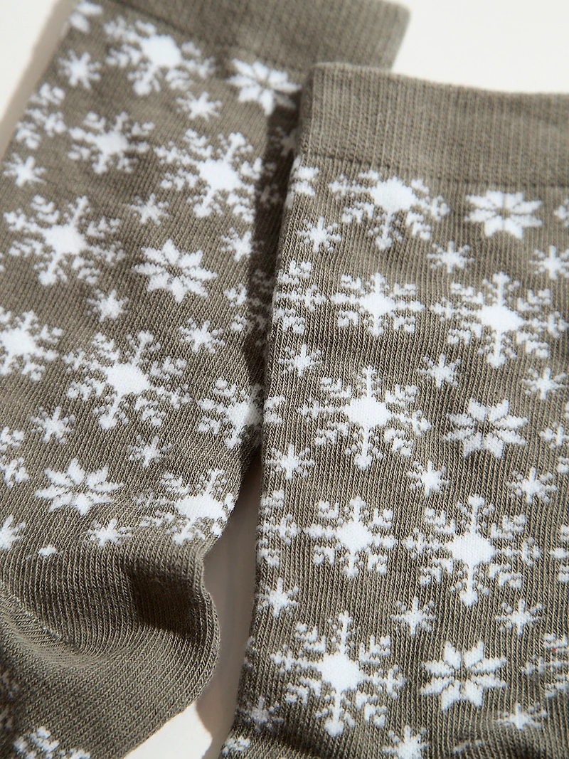 Grey White Snowflake Crew Socks