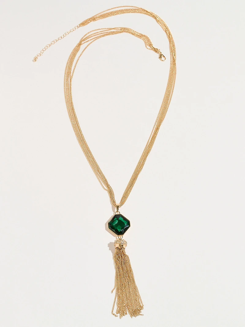 Long Gold Multi-Strand Necklace with Stone & Tassel