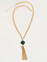 Long Gold Multi-Strand Necklace with Stone & Tassel