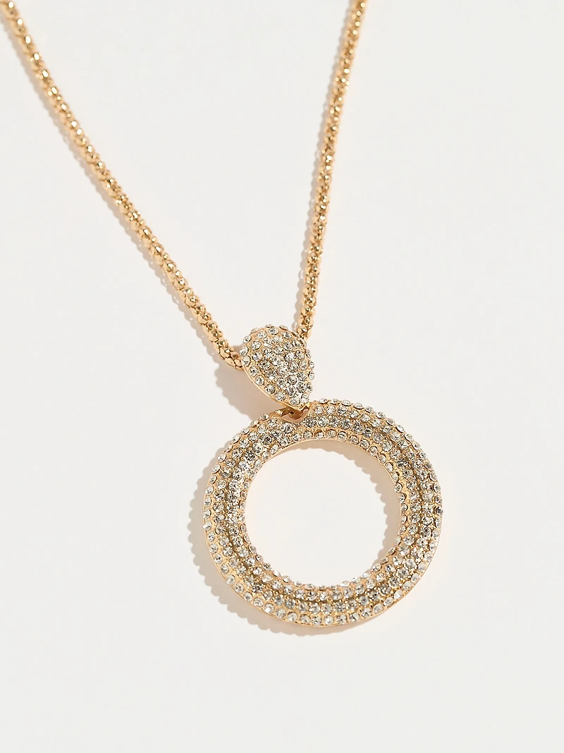 Long Gold Necklace with Pave Circle Pendant