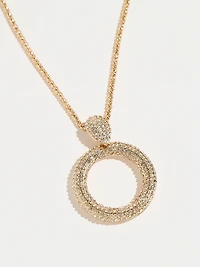 Long Gold Necklace with Pave Circle Pendant