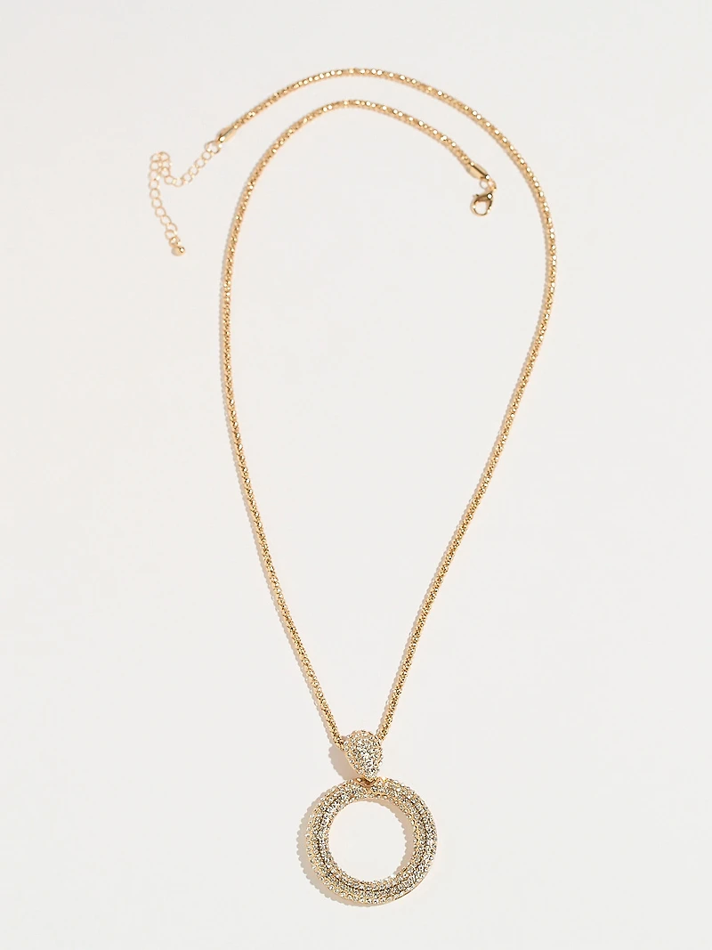 Long Gold Necklace with Pave Circle Pendant