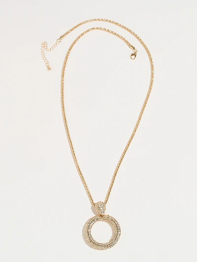 Long Gold Necklace with Pave Circle Pendant