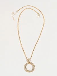 Long Gold Necklace with Pave Circle Pendant