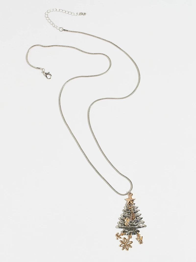 Long Silver Christmas Tree Pendant Necklace