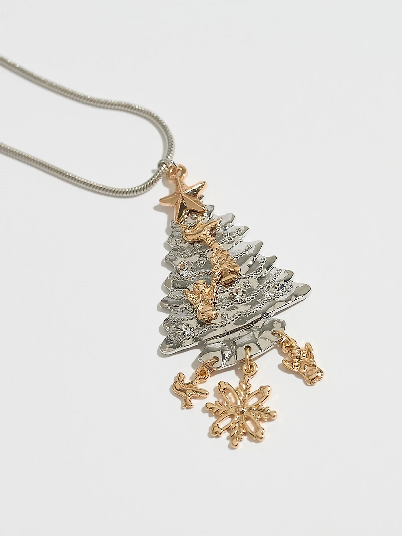 Long Silver Christmas Tree Pendant Necklace