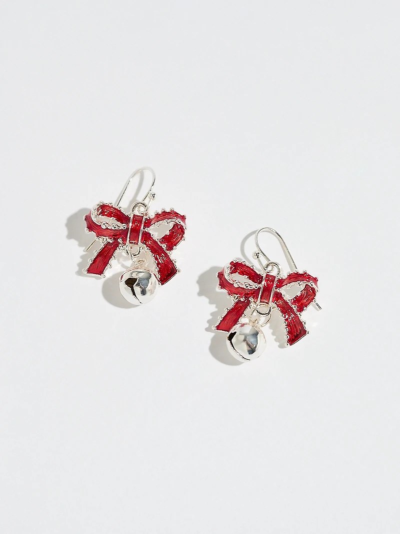 Red Bow with Silver Ball Drop Earrings