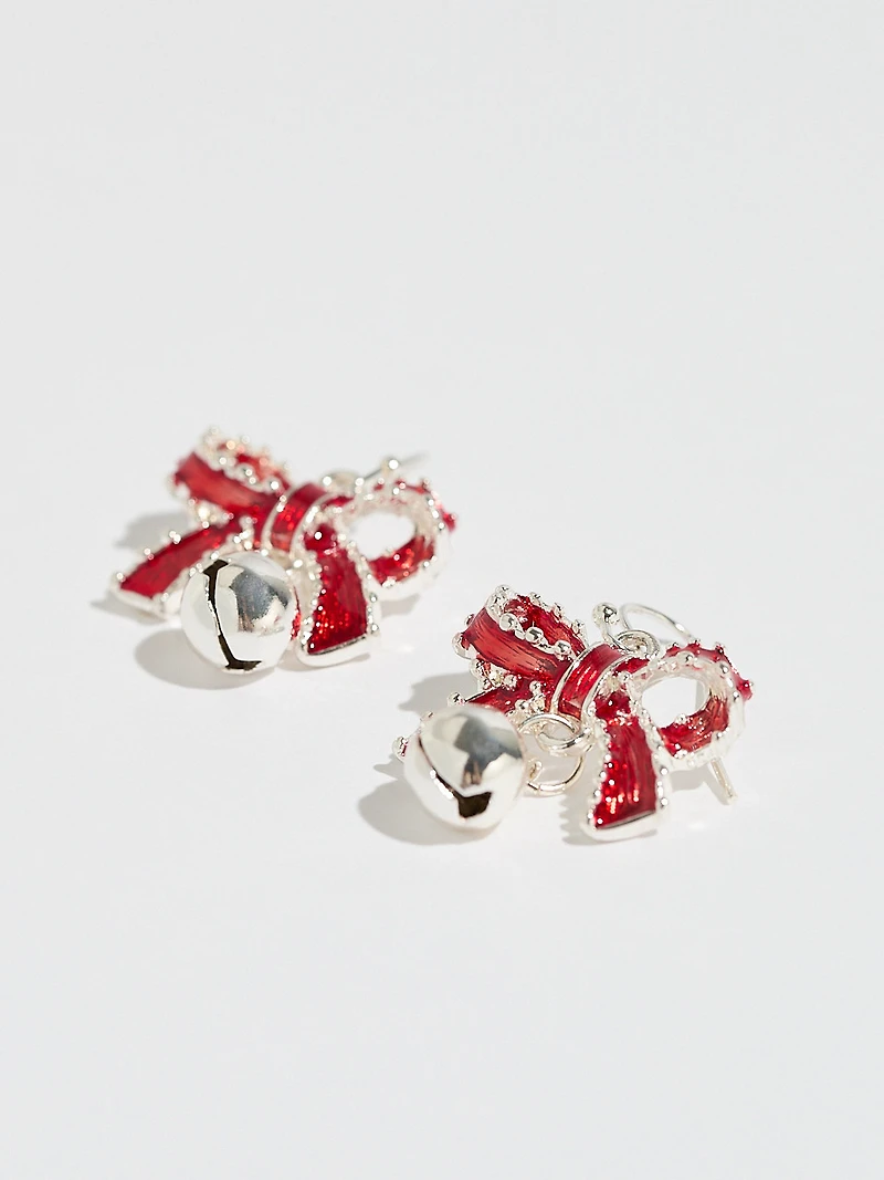 Red Bow with Silver Ball Drop Earrings