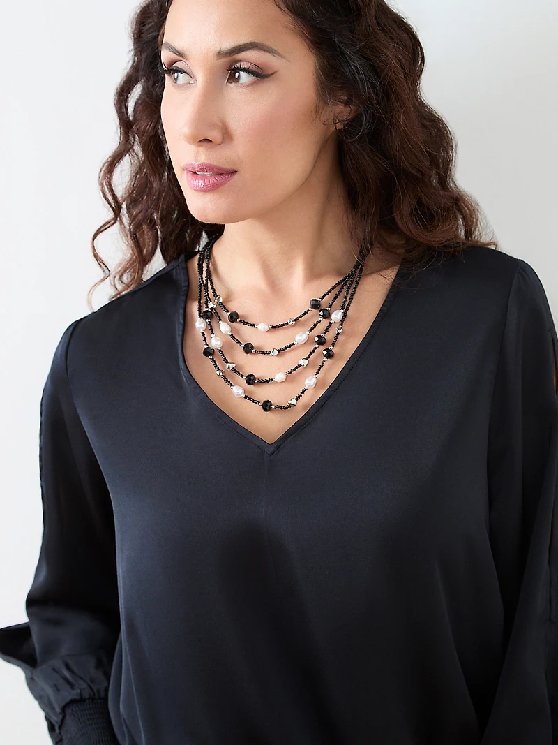 Short Multi-Row Pearl & Black Seed-Bead Necklace