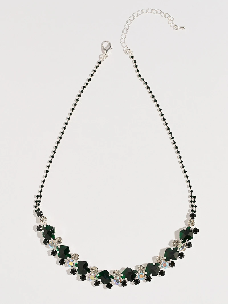 Short Silver Emerald & Crystal Stones Necklace