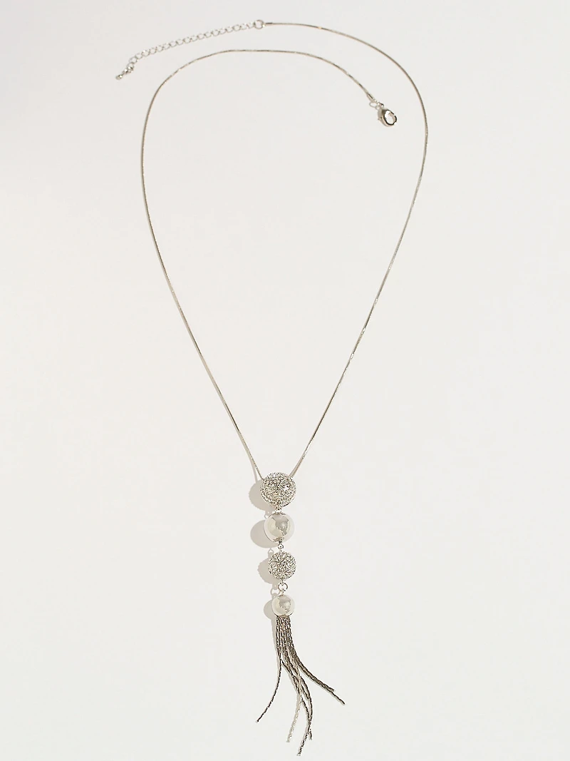 Silver & Crystal Ball with Tassels Necklace