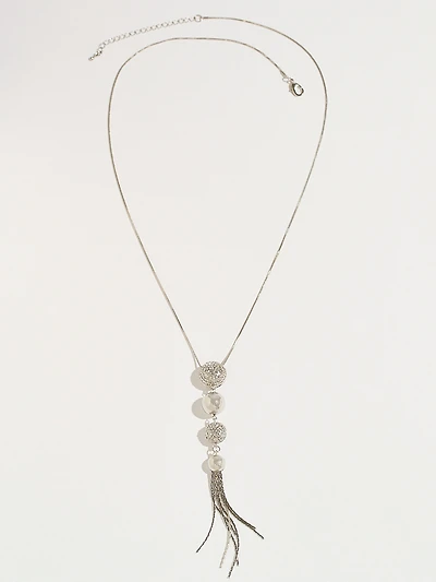 Silver & Crystal Ball with Tassels Necklace