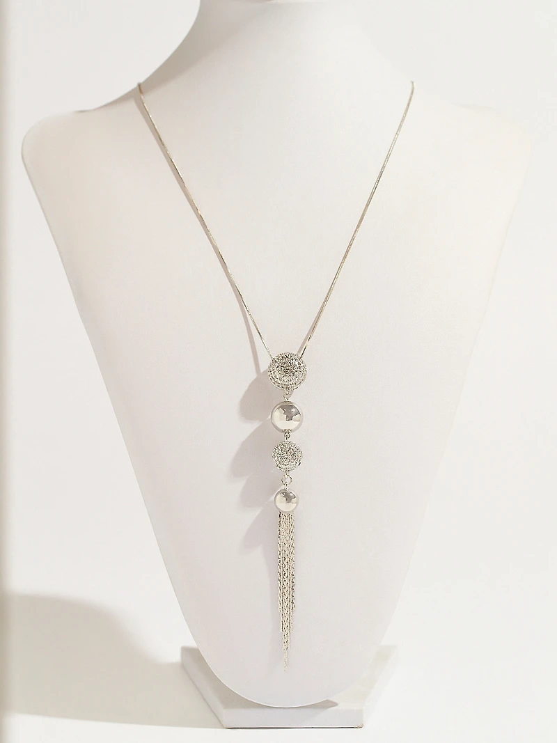 Silver & Crystal Ball with Tassels Necklace