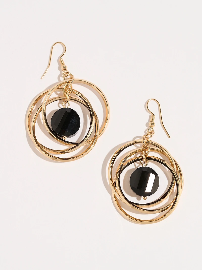 Triple Gold Circles with Black Stone Earrings