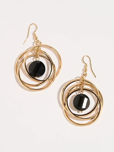 Triple Gold Circles with Black Stone Earrings