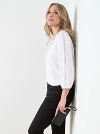 3/4 Sleeve V-Neck Crochet Insert Top