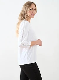 3/4 Sleeve V-Neck Crochet Insert Top
