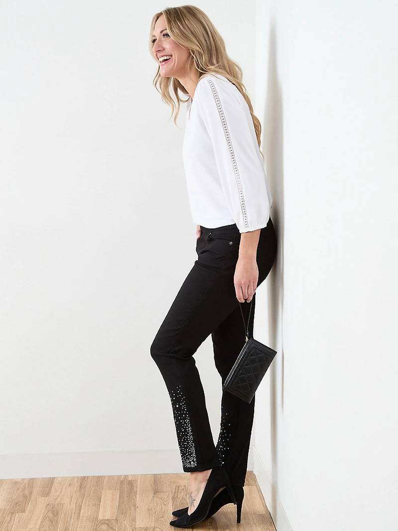 3/4 Sleeve V-Neck Crochet Insert Top