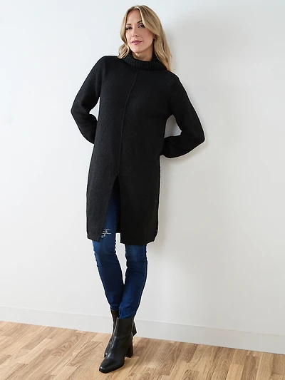 Long Front Slit Turtleneck Sweater