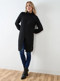 Long Front Slit Turtleneck Sweater