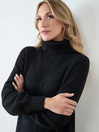 Long Front Slit Turtleneck Sweater