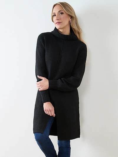 Long Front Slit Turtleneck Sweater