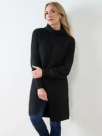 Long Front Slit Turtleneck Sweater
